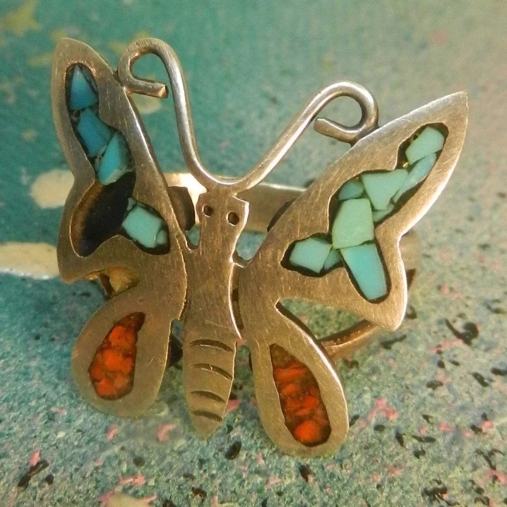 VTG Sterling silver butterfly ring Navajo artisan turquoise garnet nature sz 11